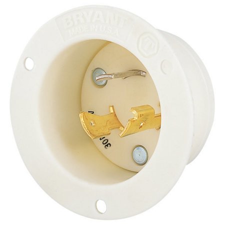 BRYANT Locking Devices, Flanged Inlet, 30A 250V, 2-Pole 3-Wire Grounding, L6-30P, Screw Terminal, White 70630MB